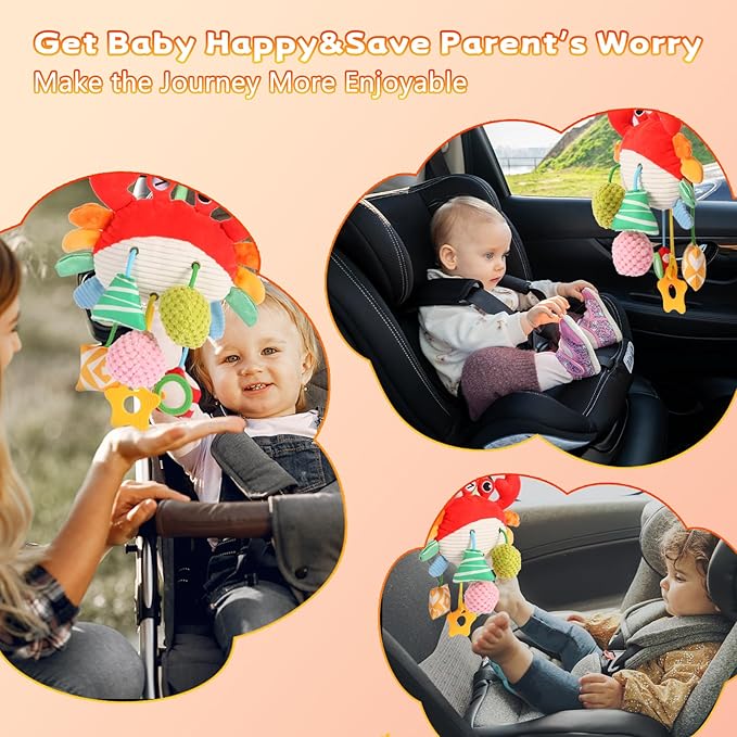 Car Seat Toys for Babies 0-6 Months, Carseat Toys Hanging with Clamp, Mirror, Bell, Rattles, Crinkle, Baby Crab Stroller Toy for Infant Boys & Girls