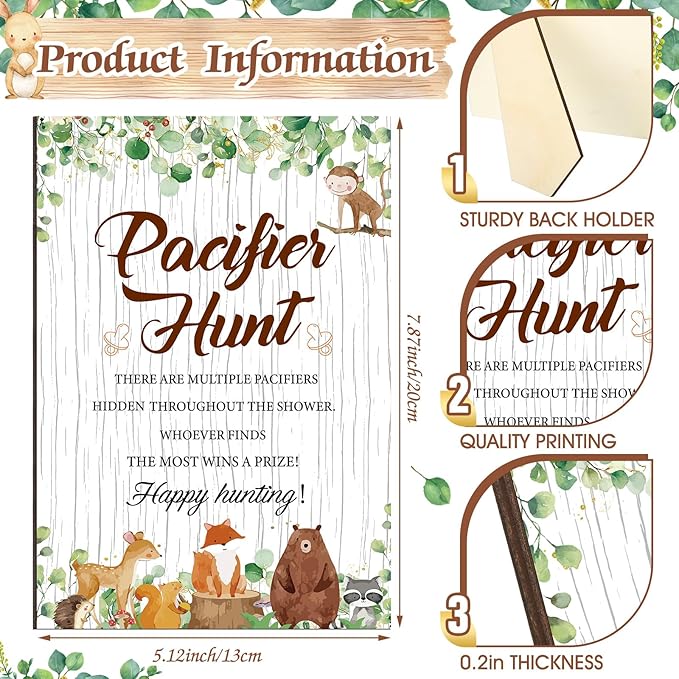 Thyle 51 Pcs Pacifier Hunt Baby Shower Games Include Hunt Sign and 50 Acrylic Pacifiers for Baby Shower Game Decoration Gift Sets Gender Reveal Party Decor (Woodland Animals)