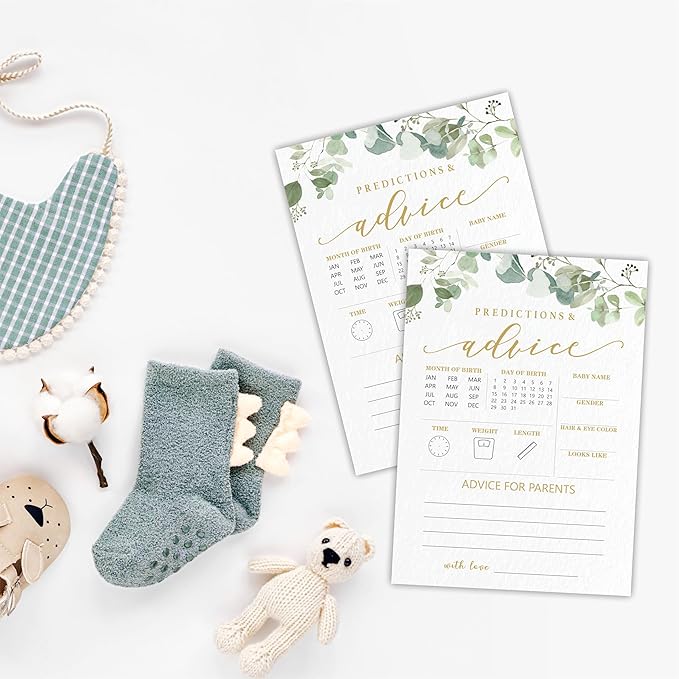 Predictions & Advice Game Cards For Baby Shower - Golden Greenery - 30 Double-Sided Fill In Style Game Cards For Gender Reveal, Baby Announcement, Party Games & Activity - D02