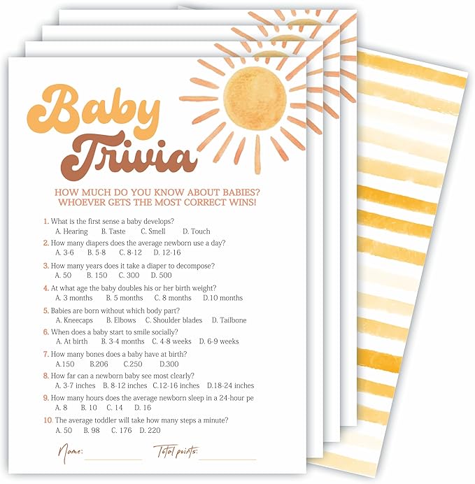 Baby Trivia Game Kits For Baby Shower - 30 Double-Sided Fill In Watercolor Sunshine Style Game Cards 1 Answer Card For Gender Reveal, Baby Announcement, Party Favor & Supplies - C08