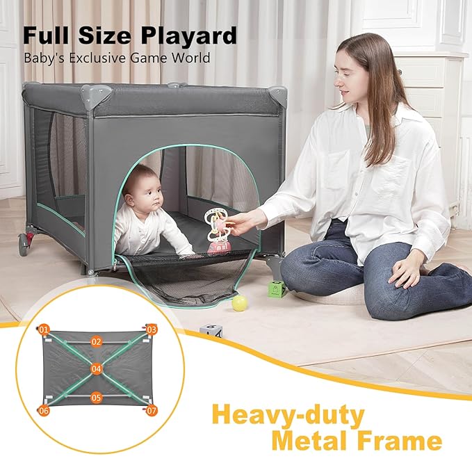 Pack and Play with Changing Table & Carry Bag, 4-in-1 Portable Crib Playpen for Newborn to Toddler, ASTM Certified Foldable Travel Crib with Bassinet(C-Cartoon)