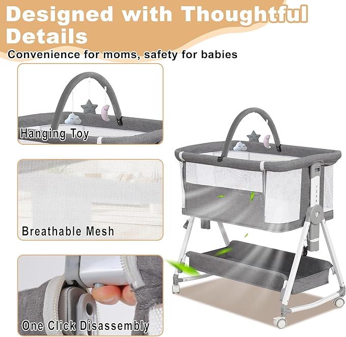 Baby Bassinet,3 in 1 Bedside Bassinet for Baby with Hanging Toys,Foldable Baby Bassinets Bedside Sleeper,4-Sided Mesh Bedside Crib with Wheels and Storage Basket,6 Height Adjustable (Light Grey)