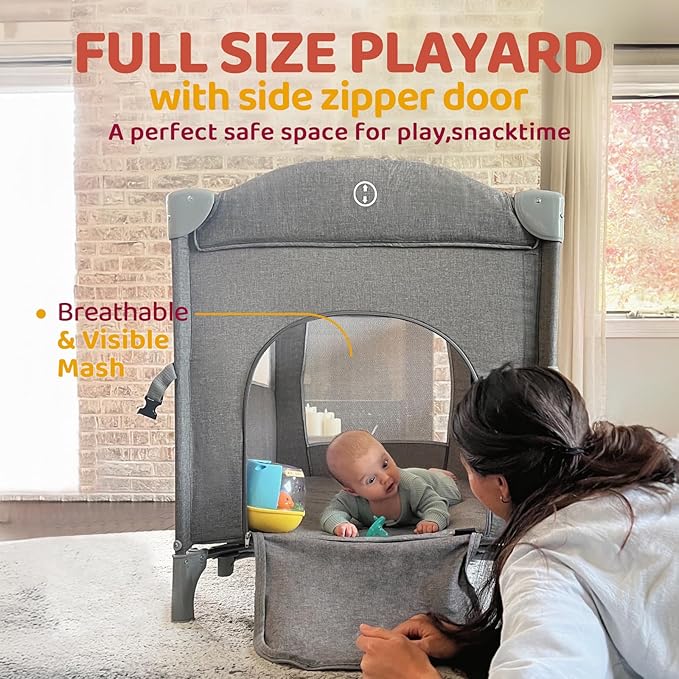 HARPPA Pack and Play 5 in 1, Portable Baby Playard for Travel, Baby Bassinet Bedside Sleeper with Mattress, Rolling Bassinet for Infant, Pack n Play with Changing Table, Bed Crib(Gray)