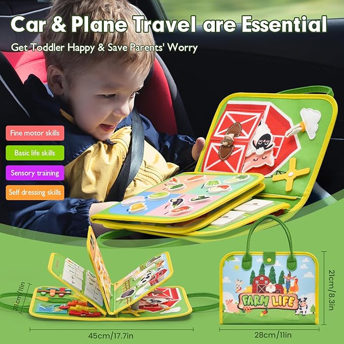 Toddler Busy Board Montessori Toys, Sensory Board Busy Book for Toddlers 1-3 Birthday Gifts - Preschool Learning Life Skills, Farm Green, 8 Pages