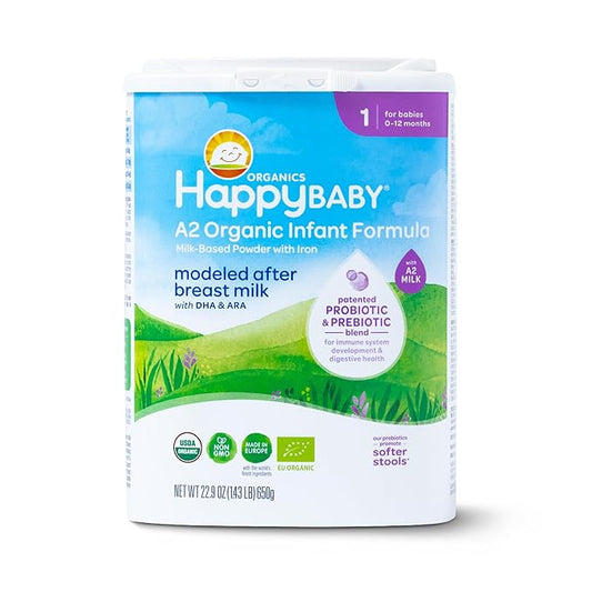 Happy Baby Organics Stage 1 A2 Infant Formula, 0-12 Months, Milk Based Organic Baby Formula Powder with A2 Milk, Probiotics & Prebiotics for Immune & Digestive Support, 22.9 Ounce (Pack of 1)