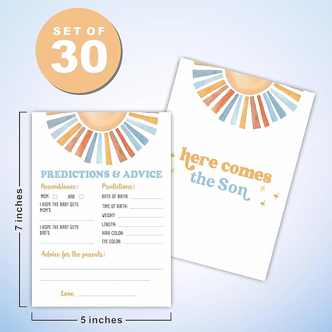 Sunshine Predictions & Advice Baby Shower Game Kit - Retro Here Comes The Sun - 30 Double-Sided Fill In Game Cards For Baby Shower, Gender Reveal Party Favor, Activity & Supplies - A01
