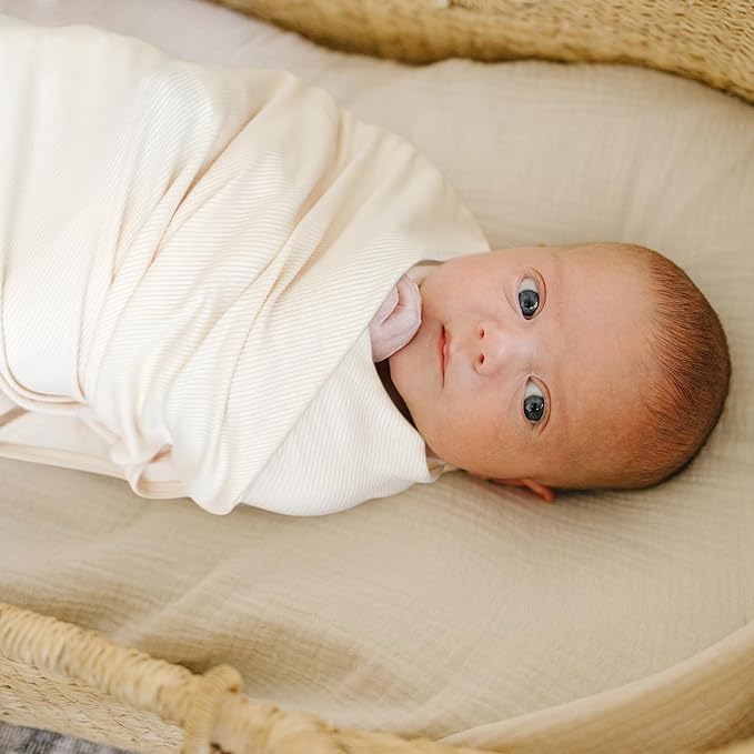 Konssy Knit Baby Blanket 2 Pack, Soft Ribbed Swaddle Receiving Blankets for Boys & Girls, Lightweight Cozy Swaddling Wrap for Newborns, Infants, & Toddlers, 33x42 Inch (Camel, Beige)