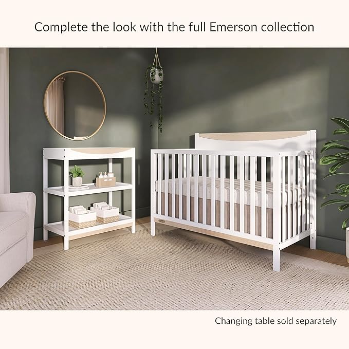 Dream On me Emerson 5-in-1 Convertible Full-Size Baby Crib in White & Vintage White Oak, GreenGuard Gold & JPMA, 3 Mattress Heights, Converts to Toddler, Day & Full-Size Bed