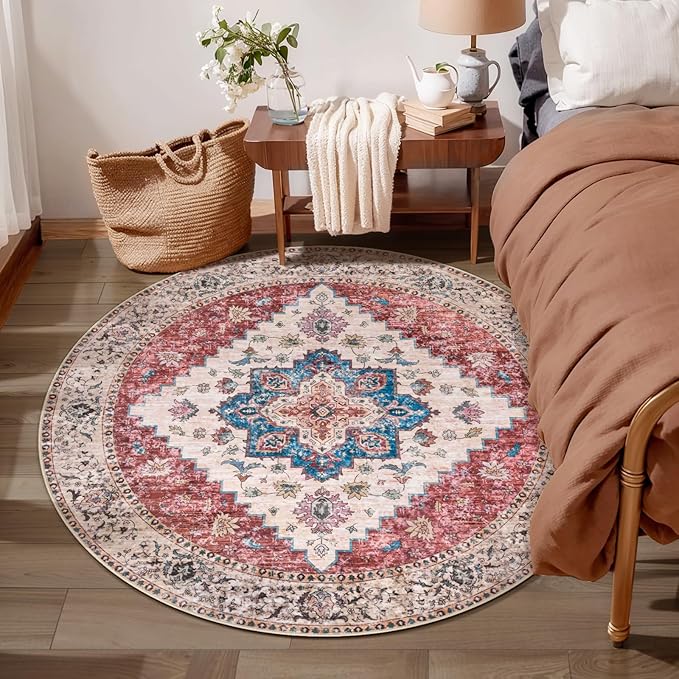 Ciicool Boho Area Rug 4x4ft Round Washable Bedroom Non-Slip Vintage Entryway Throw Low-Pile Indoor Carpet for Living Room Foyer