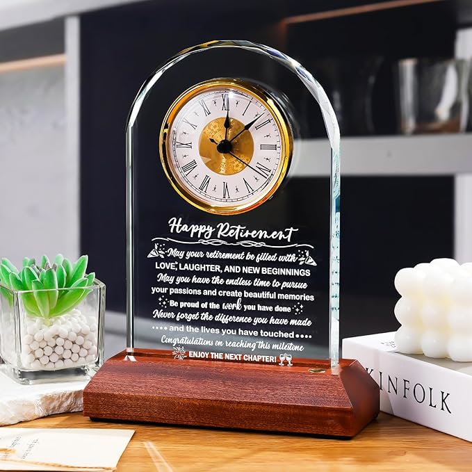 Glass Retirement Clock With Wooden Light Base - Happy Retirement Plaque for Women Men Colleagues Boss Friend - Farewell Gift Idea for Her Going Away - Retired Keepsakes for Teacher Doctor