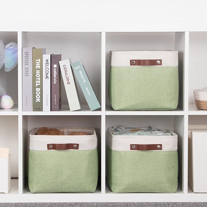 HNZIGE Storage Basket for Organizing Clothes(3 Pack) Decorative Storage Bins for Shelves Toys, Fabric Canvas Bins Storage Organizer with Handles(Gray&Green,15" X 11" X 9.5")