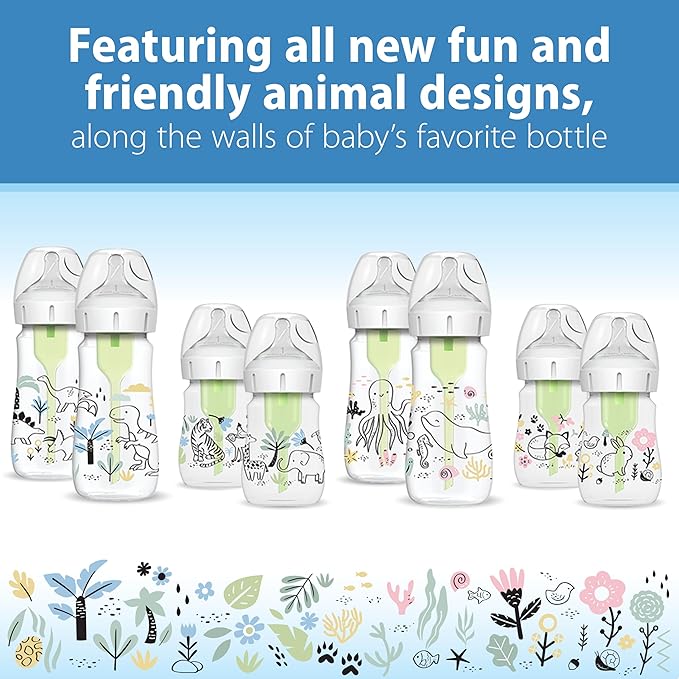 Dr. Brown’s Natural Flow Anti-Colic Options+ Wide-Neck Baby Bottle Designer Edition Bottles, Ocean Decos, 9 oz/270 mL, Level 1 Nipple, 2-Pack, 0m+