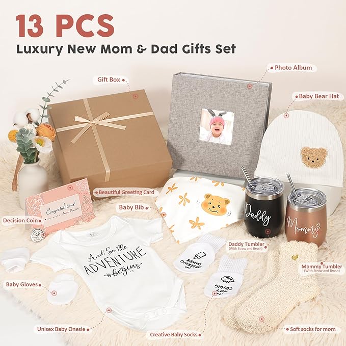 New Mom Gifts,Gender Reveal Gift,Pregnancy Gift for Expecting Mom,Pregnancy Announcement Baby Shower Gifts Basket with Baby Photo Albums,Tumbler for New Parents, First Time Mom,Gender Reveal