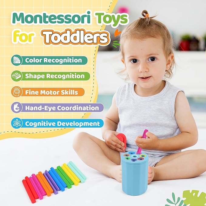 Shape & Color Sorting Montessori Baby Toddler Toys for 1 2 3 Years Boys Girls, Silicone Montessori Toys for 1 Year Old, Fine Motor Skills Sensory Toddlers Toy 1 Year Old Girl and Boy Gift, Sticks