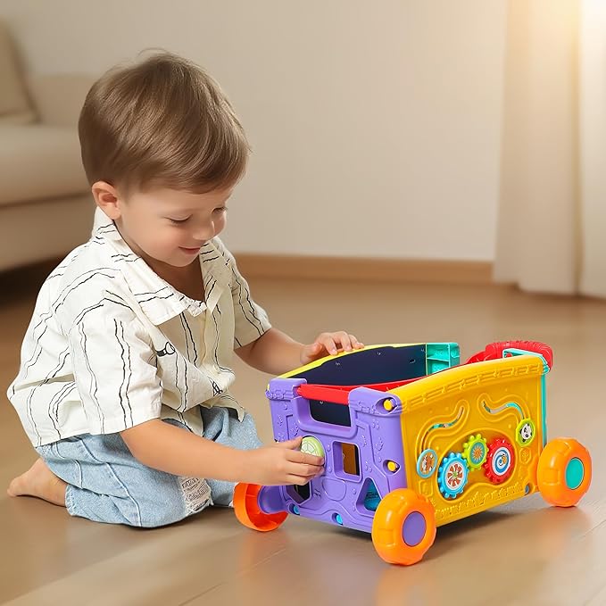Interactive Learning Push Walker Toy for Toddlers, Musical Activity Wagon with Handle, Educational Rolling Cart with Blocks,Suitable for 18 Month Old Boys and Girls