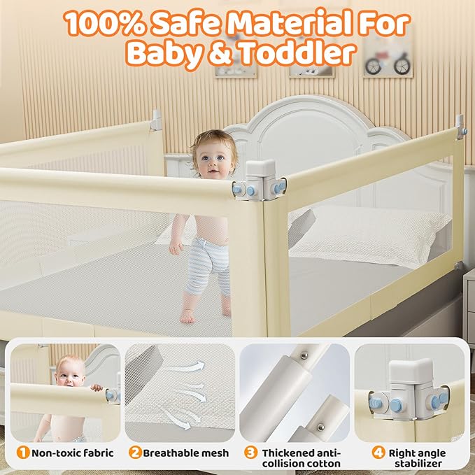 Bed Guard Rail for Toddlers - 74.8" Quick Assembly & Double Side Lift with Safety Child Lock - Adjustable Height Baby Bed Rails for Queen Full King Twin Crib Bunk Size Bed(Beige, 1 Pack)