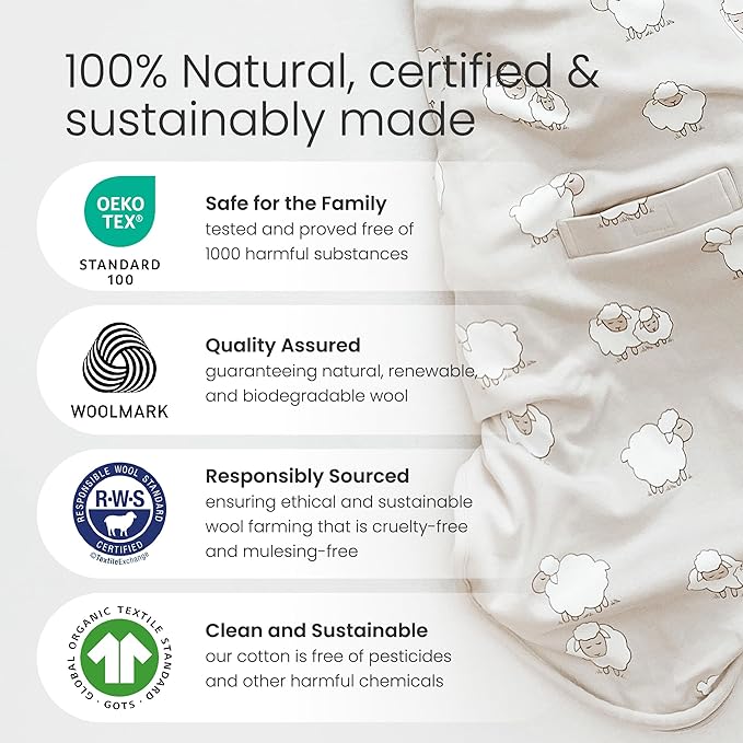 Woolino 4 Season Sleep Sack - Ultimate Merino Wool and Organic Cotton Sleeping Bag - Two-Way Zipper Adjustable Universal Size Sleep Sack for Baby (2-24 Months) - Sheep