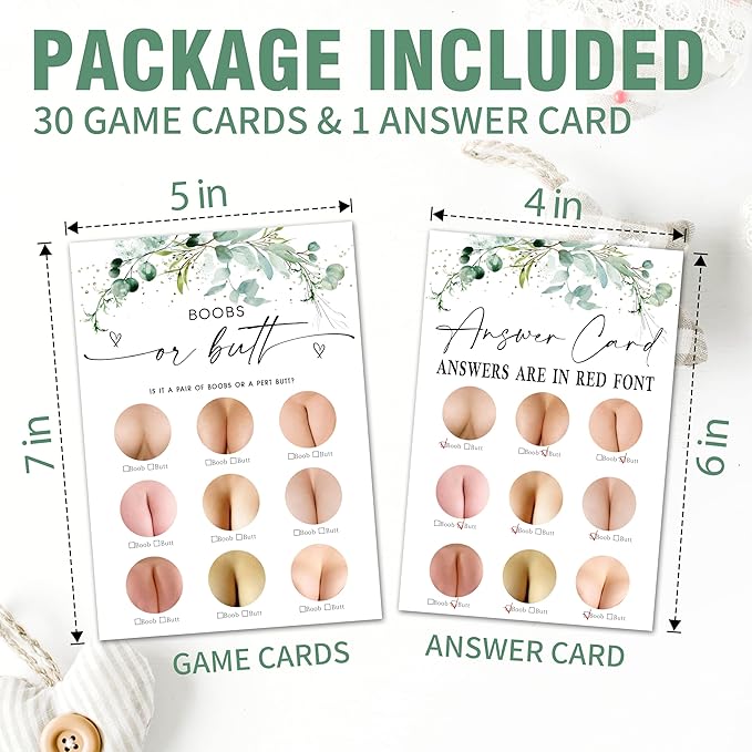 Greenery Baby Shower Game Cards - Set of 30 Boobs Or Butt - Double Sided Print Baby Announcement Gender Reveal Game Card For Parents To Be - Baby Shower Party Activities Supplies - A10