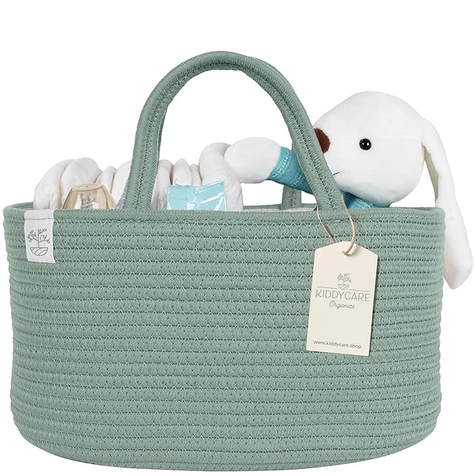 KiddyCare Diaper Caddy Organizer for Baby Nursery Basket with Handle Lid Nursing Caddy with Changing Table Organizer Cart Newborn Caddy Basil Large