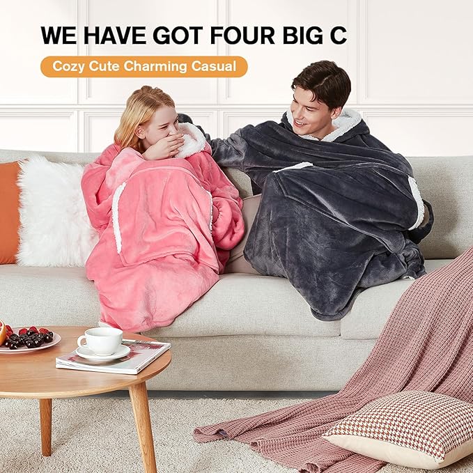 yescool Wearable Blanket Hoodie - Gifts for Women Her Girlfriend, Birthday Christmas Gifts For Mom, Oversized Flannel Sherpa Blanket Sweatshirt, One Size Fits All (Pink)