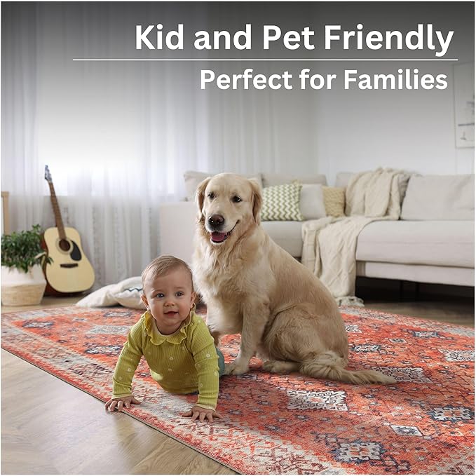 Bloom Rugs Washable Non-Slip 3' x 5' Rug - Orange Traditional Bordered Area Rug for Living Room, Bedroom, Dining Room, and Kitchen - Exact Size: 3' x 5'