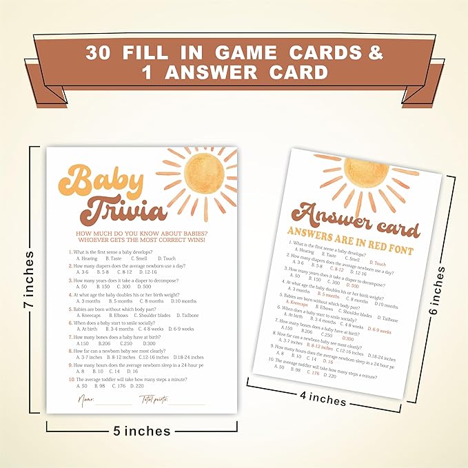 Baby Trivia Game Kits For Baby Shower - 30 Double-Sided Fill In Watercolor Sunshine Style Game Cards 1 Answer Card For Gender Reveal, Baby Announcement, Party Favor & Supplies - C08