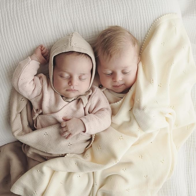 Organic Unisex Pointelle Receiving Swaddle Blanket for Boys & Girls - 100% Luxury Organic Soft Cotton Knit Warm Cuddle Stroller Blanket for Newborns, Infants, & Toddlers (Butter Cream)
