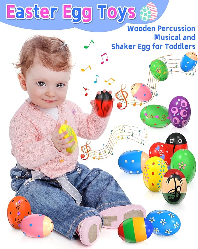 12 Pack Wooden Percussion Musical Shaker, Toddlers Stocking Stuffers 1 2 3 Year Old, Baby Christmas Stocking Easter Basket Stuffers Egg Fillers Easter Gifts Montessori Toys for Kids Boys Girls