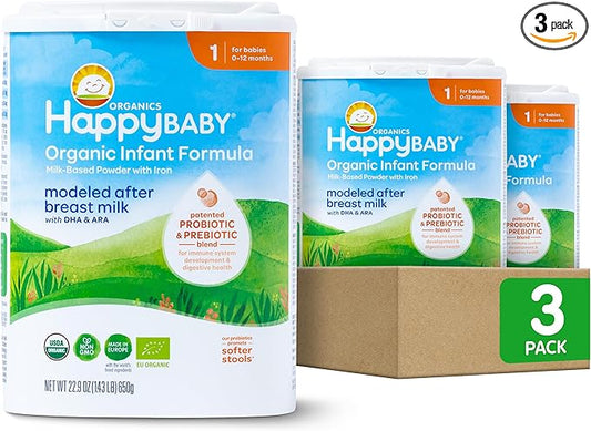 Happy Baby Organics Stage 1 Infant Formula, 0 12 Months, Milk Based Organic Baby Formula Powder with Iron, Probiotics & Prebiotics for Immune & Digestive Support, 22.9 Ounce (Pack of 3)