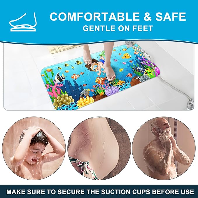 XIYUNTE Baby Bath Mat for Tub Non Slip Kids Bath Mat - 40''x16'' Extra Long Cartoon Child Bath Tub Mat Eco-Friendly Toddler Bath Mats with Suction Cups and Drain Holes, Easy to Clean & Easy Drying