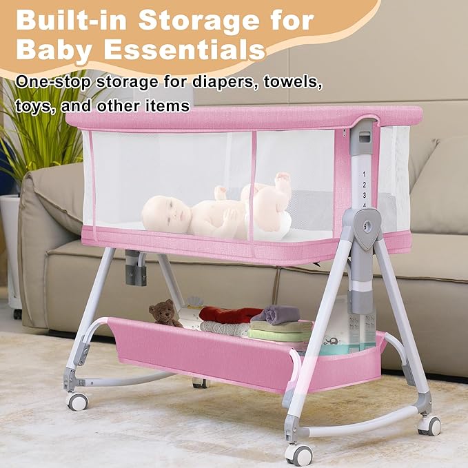 Baby Bassinet,3 in 1 Bedside Bassinet for Baby with Hanging Toys, Portable Foldable Baby Bassinets Bedside Sleeper,4-Sided Mesh Bedside Crib with Wheels and Storage Basket,6 Height Adjustable (Pink)