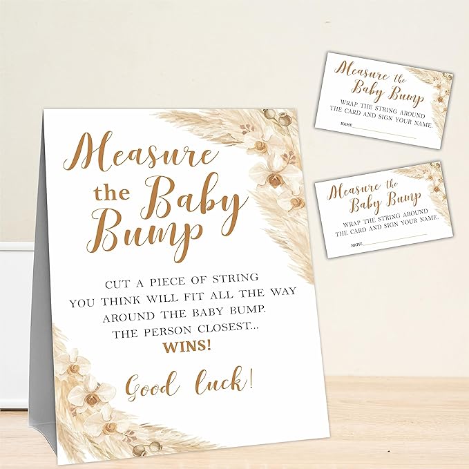 Boho Baby Shower Measure The Baby Bump, Measure Mommy's Belly Game Set - 1 Self-Standing Sign And 50 Tickets - Gender Reveal, Baby Shower, Baby Announcement Activity & Party Favor Supplies - A02