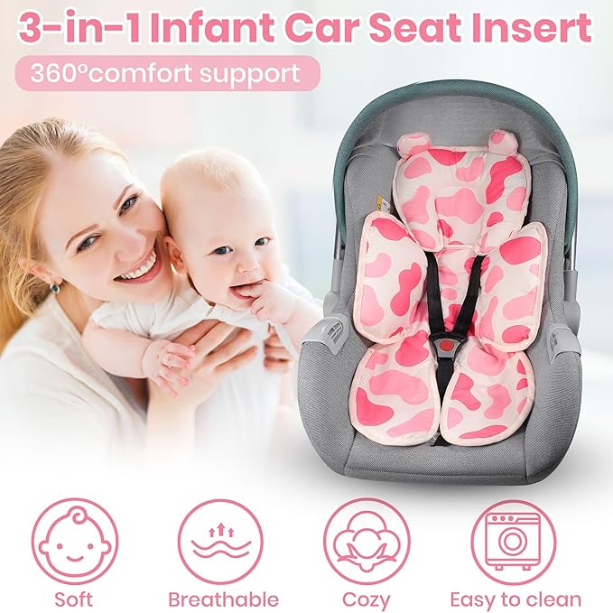 Baby 3in1 Car Seat Head Body Support,Reversible Cotton-Minnky Infant Car Seat Insert Newborn Boys Girls,Soft Breathable Carseat Head Support Pillow Cushion Infant Stroller,Swing,Bouncer(Pink)
