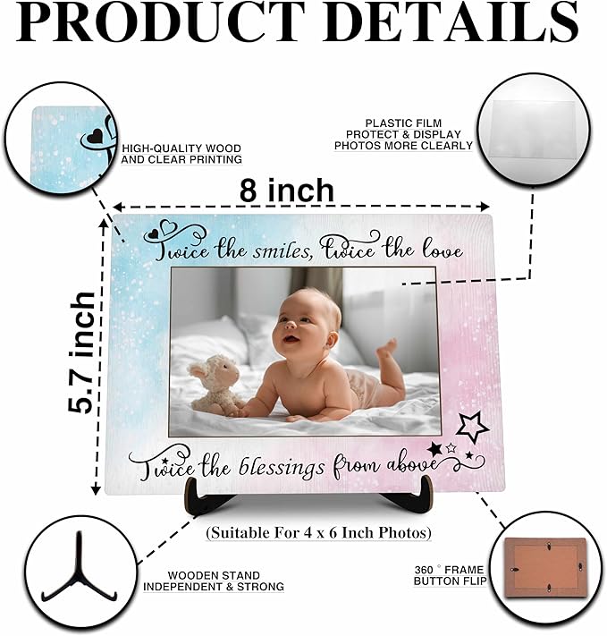 Twins Baby Pictures Frame, Watercolor Baby Photo Frame with Stand, Twins Gifts for Babies, New Baby Gifts For New Mom Dad, Home Living Room Bedroom Decoration -a74, Rustic