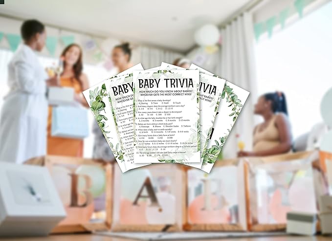 Baby Shower Game Cards, Baby Trivia Game, Tropical Jungle Theme Party Cards for Gender Neutral Boys or Girls, Set of 30 (Green002)