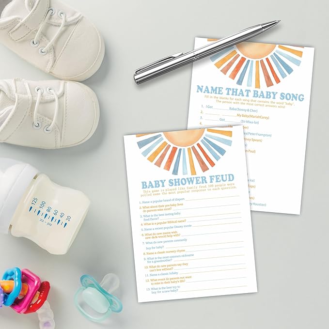 Baby Shower Feud & Name That Baby Song Theme Baby Shower Game Activities-Game Cards For Boys & Girls-30 Retro Sunshine Game Cards & 1 Answer Card-Baby Shower Party Supplies & Decorations-A05