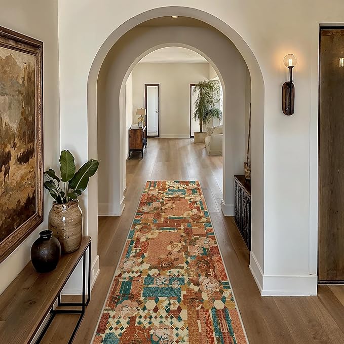 GENIMO Floral Runner Rug 2'6''x8, Machine Washable Non Slip Vintage Patchwork Hallway Runner, Ultra-Thin Low Pile Runners for Indoor Entryway, Hallway, Kitchen and Corridor,Rose Red