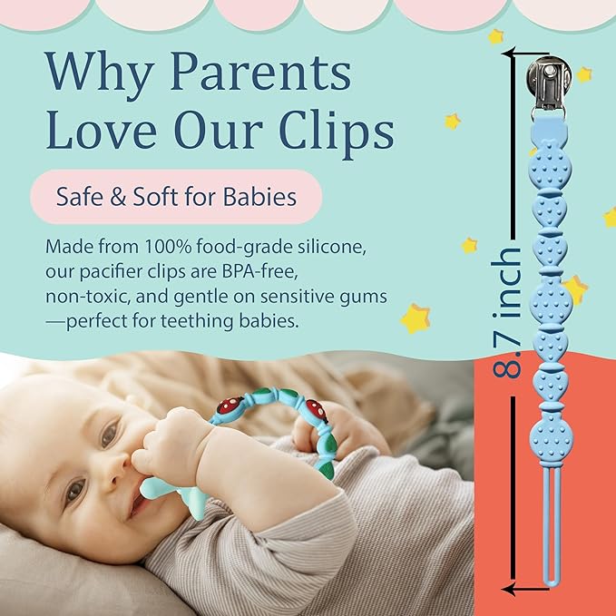 Silicone Pacifier Clips for Boys & Girls – Personalized Pacifier Holder;Neutral & Cute Pacifier Clips for Babies;Teething, Soothies – BPA-Free, Durable & Soft (Blue)