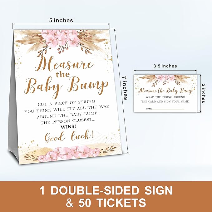 Boho Floral Baby Shower Measure Maternal Bump Game Set - Standalone Sign & 50 Tickets - Gender Reveal, Announcement & Shower Activity & Party Favor - A05