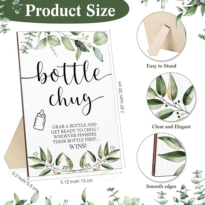 Roowest Bottle Chug Baby Shower Game Favors 12 Pcs Baby Bottles Shower Favor with 1 Wooden Sign for Gender Reveal Party Supplies Gifts(Green Leaves)