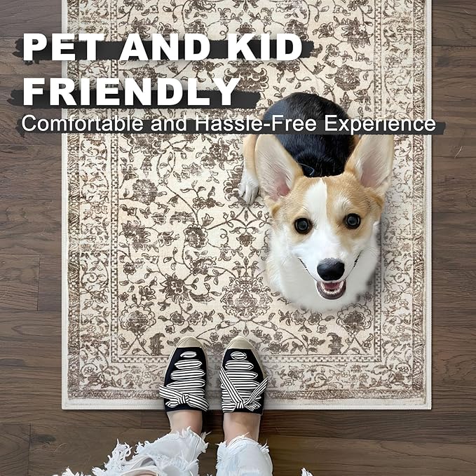 KILOCOCO Hallway Runner 2x6 Rug Runner Printed Vintage Floral Washable Kitchen Runners Non-Slip Rubber Backed Runners for Hallways Laundry Room Distressed Boho Rugs for Entryway Bedroom, Beige/Brown