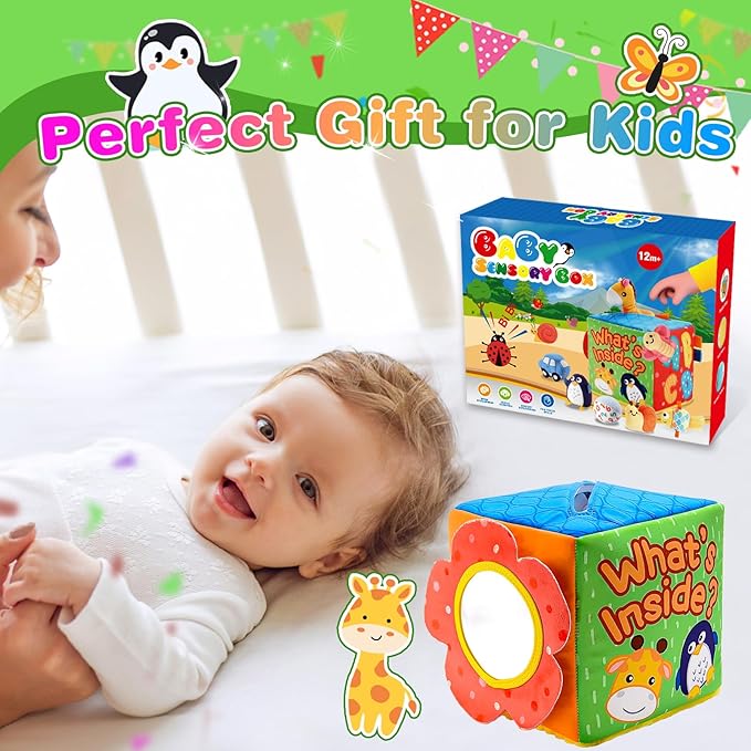 Baby Toys 6-12 Months, Mystery Montessori Sensory Soft Box Toy with 8 Stuffed Animals for 6 7 8 9 10 12 Month Old Babies Girl Boy Gifts Learning Busy Boxes Birthday for Infant & Toddler