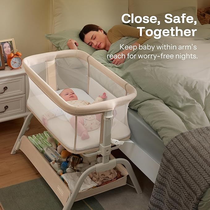 HARPPA Cuddly Bassinet, 2 in 1 Baby Bassinet with Breathable Mesh and Mattress, 6 Height Adjustable, Bedside Sleeper with Anchor Strap, Storage Basket and Wheels, Beige