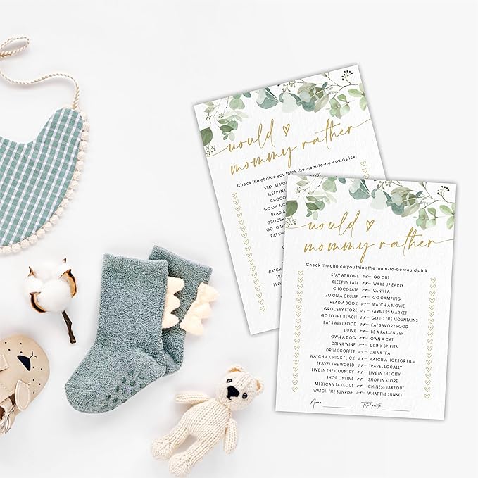 Would Mommy Rather Baby Shower Game Cards - Golden Greenery - 30 Double-Sided Fill In Style Game Cards For Gender Reveal, Baby Announcement, Party Games & Activity - D06