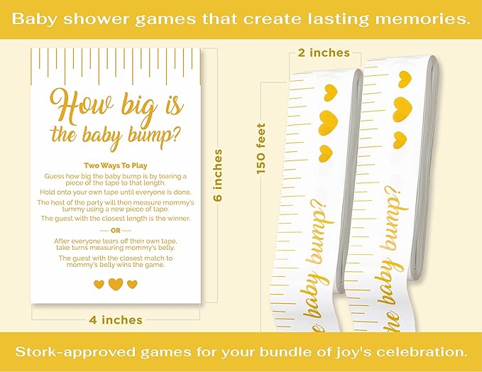 Party Hearty Funny Baby Shower Games for Girl and Boy Activities, 2 Rolls, 2 inch x 150 feet, Gold Tummy Measure, Fun & Easy Idea