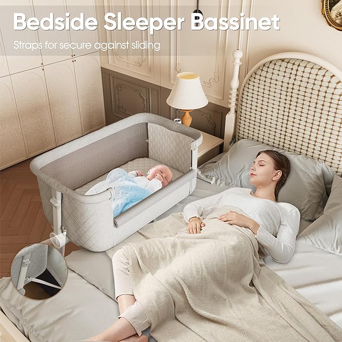 Baby Bassinets, 9 Height Adjustable Bedside Bassinet for Baby, Bedside Sleeper Bassinet with Breathable Mesh and Lockable Wheels, New Born Baby Essentials Must Haves