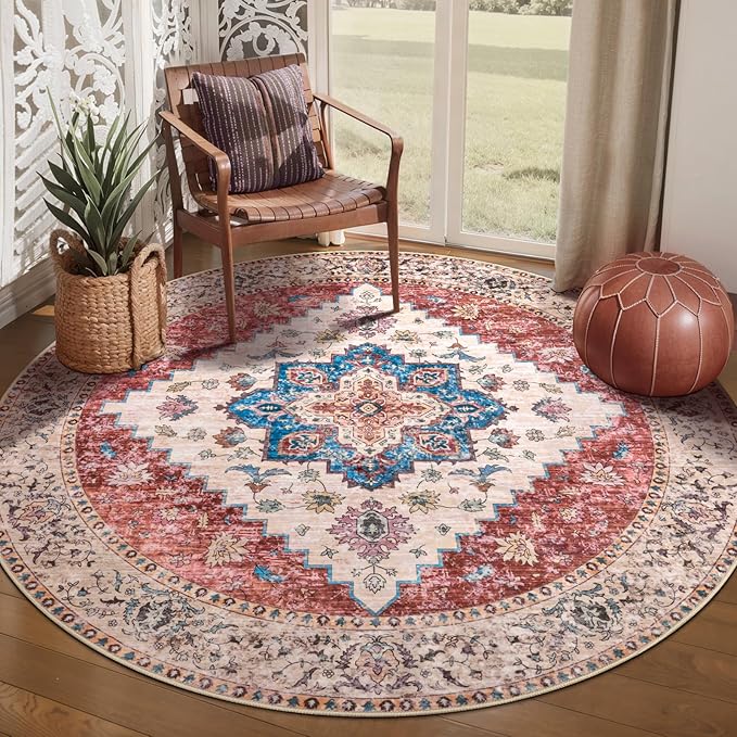 Ciicool Boho 5x5ft Round Area Rug Washable Bedroom Rug Non-Slip Oriental Entryway Throw Rug Low-Pile Indoor Carpet for Dining Room