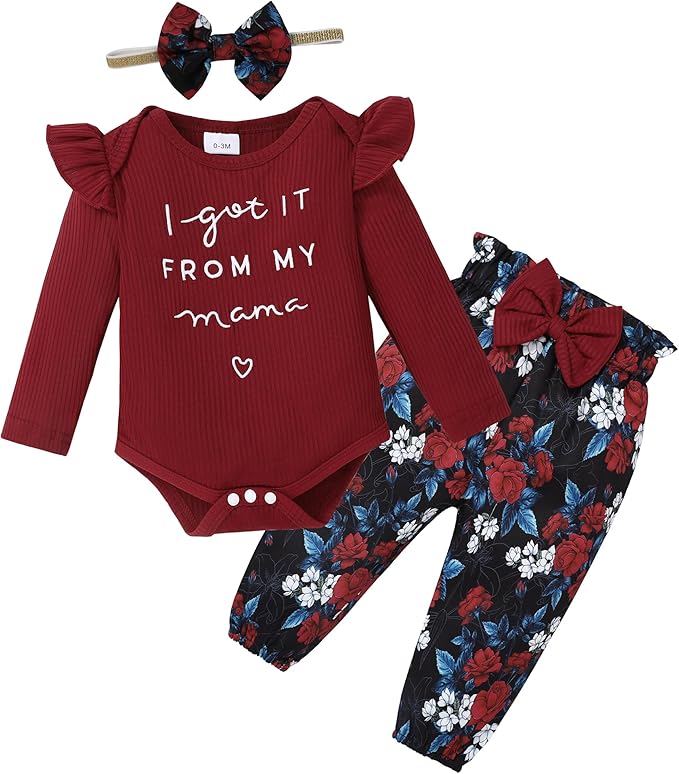 DISAUR Baby Girls Clothes Newborn Infant Baby Girls Outfit Long Sleeve Ruffle Romper Floral Pants Headband Sets 0-18 Months