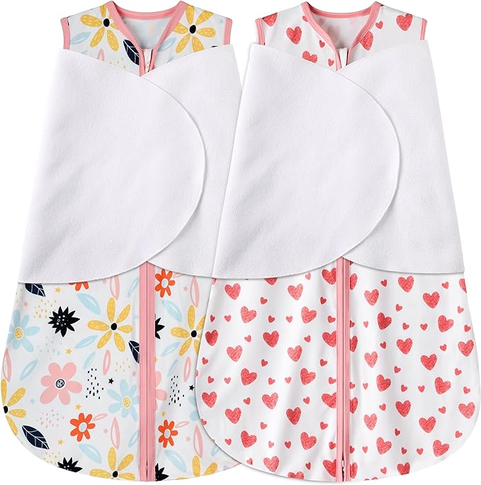 Newborn Sleep Sack Baby Swaddle,6-12 Months,3-Way Adjustable Wearable Blanket,100% Rayon Cotton Swaddling Sleeping Bag,TOG 0.5(Heart&Floral)