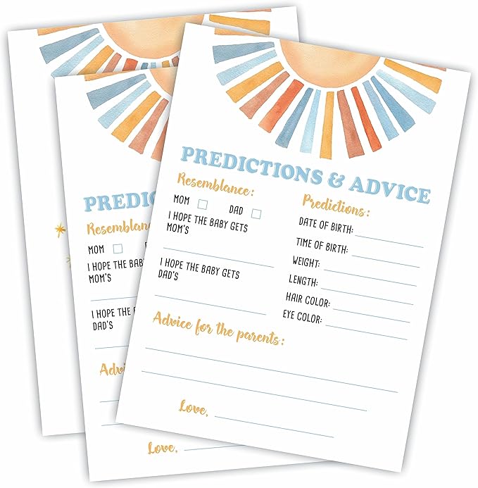 Sunshine Predictions & Advice Baby Shower Game Kit - Retro Here Comes The Sun - 30 Double-Sided Fill In Game Cards For Baby Shower, Gender Reveal Party Favor, Activity & Supplies - A01